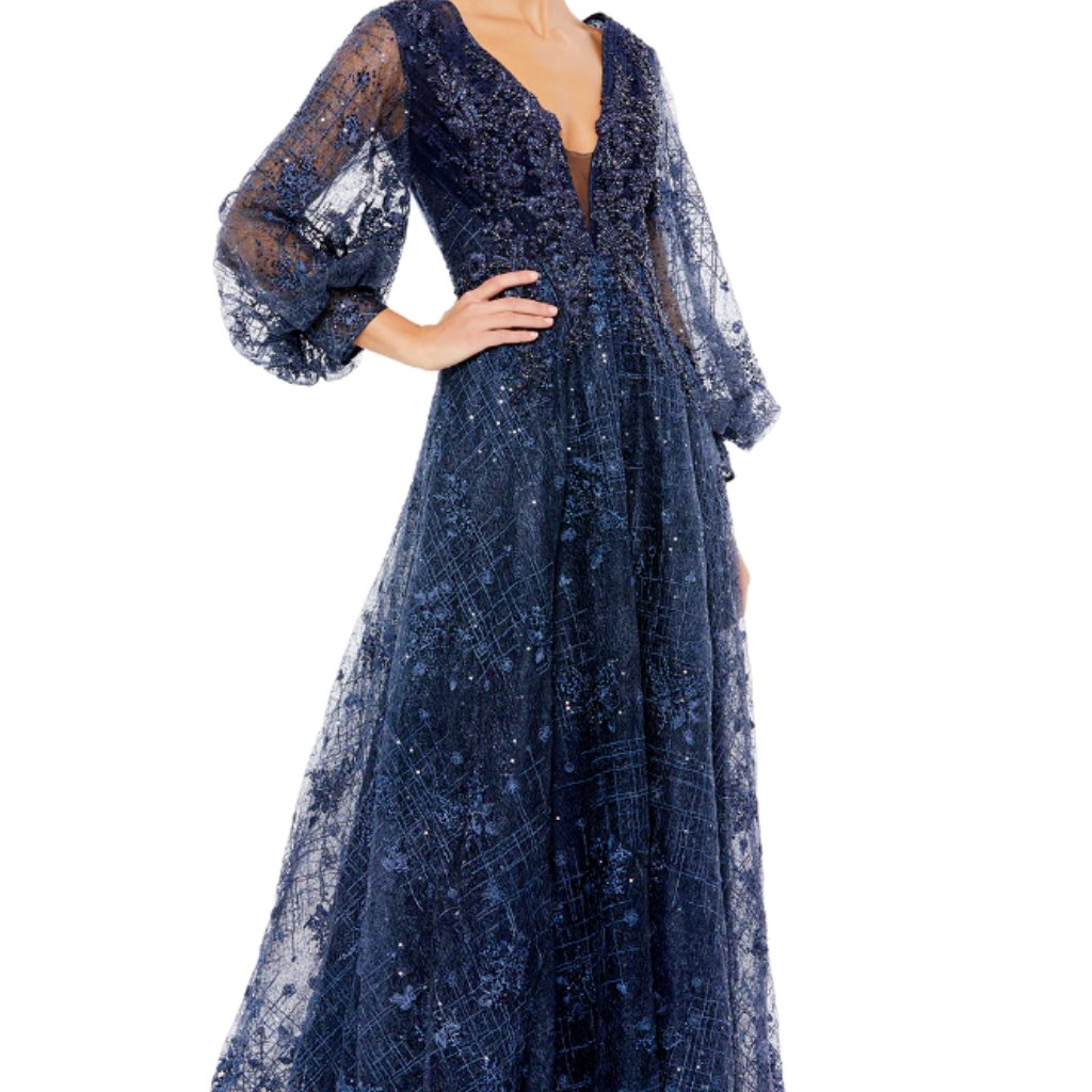 Mac Duggal Sequin Lace & Embroidery A-Line Midnight Navy Gown Sz 6